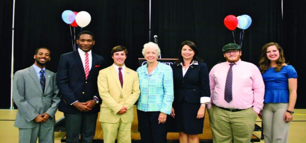 L to R: Junior Dennis Barrett, sophomore Josh Jerome, James Kay, Crit Luallen, Sannie Overly, sophomore Jeff Podis, senior Julie Springate.