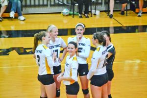 Members of the Lady Colonels Volleyball team have a laugh with one another during a match against Millsaps earlier in the season.