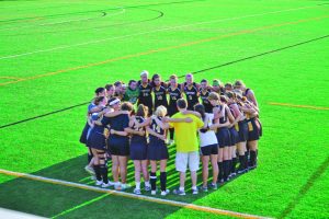 The Centre Field Hockey team huddles together before a game against Roanoke on Sep. 6. The team finished the year with a 16-5 overall record and made it to the Sweet 16 of the NCAA Tournament