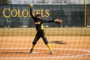 First-year pitcher Elysse Petrie delivers a pitch in a game against Sewanee. Petrie is 3-4 on the year with five complete games under her belt