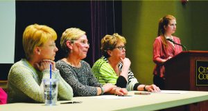 From left to right: Deans Mary Gulley, Beth Glazier-McDonald, and Fabritius answered student questions about academic issues on April 15.