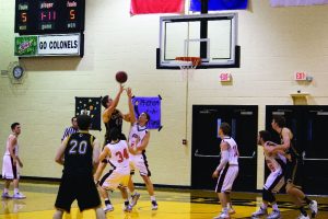 Junior forward Tyler Wesley goes up for a layup at the team’s recent game against the Millsaps Majors. Wesley recorded five blocks during this game as part of the Colonels strong defensive outing.